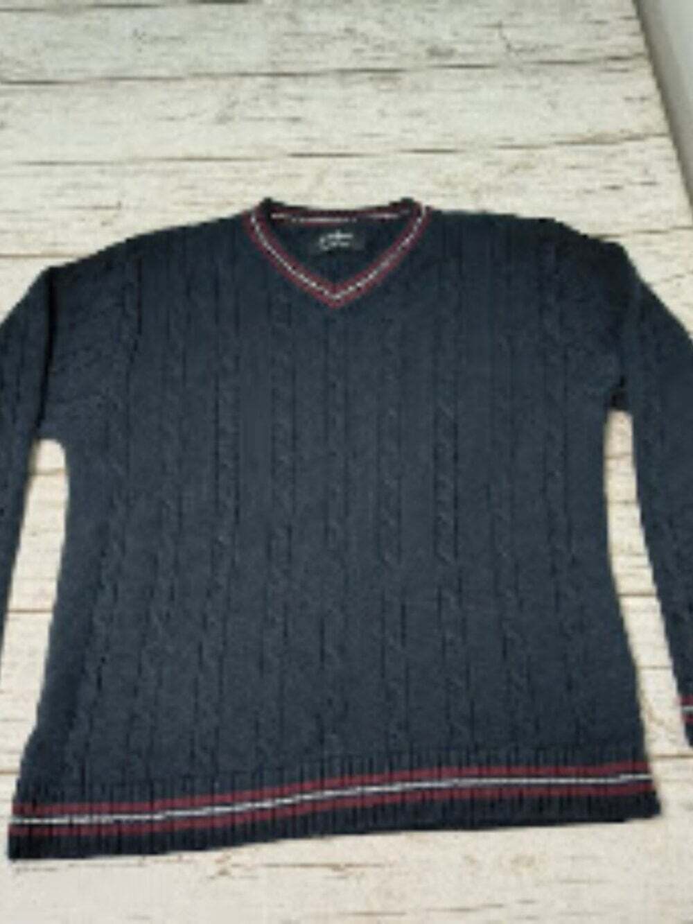 Sean John Sweaters Mens Cable Knit V-Neck Sweater Navy Blue Maroon Striped Trim